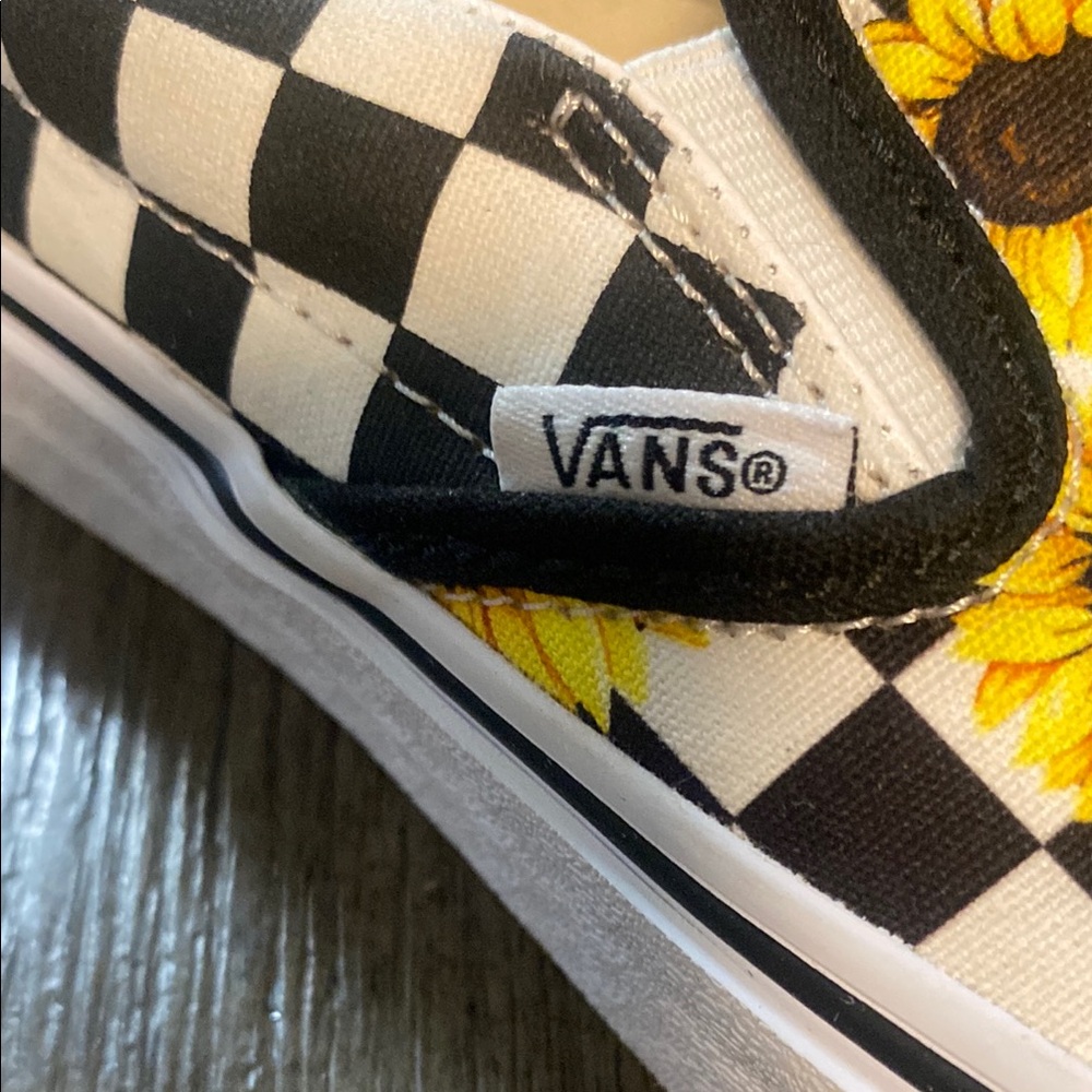 Vans Customs Black and White with Yellow Sunflower Checkerboard Sneakers (78) - Picture 3 of 13